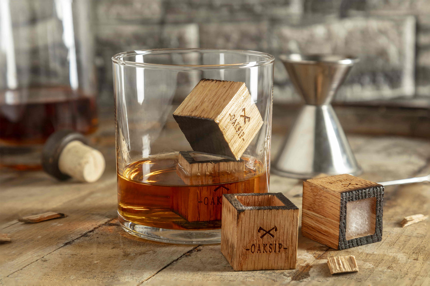 Charred oak whiskey stones - whiskey ice cubes in bourbon glass cup